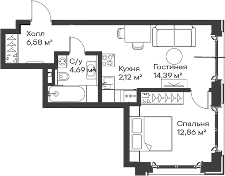 Планировка — Сити Бэй, 2-комн., 41 м²