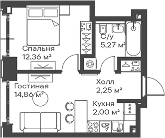 Планировка — Сити Бэй, 2-комн., 37 м²