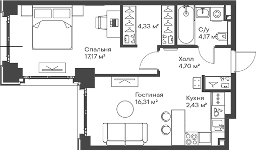 Планировка — Сити Бэй, 2-комн., 49 м²