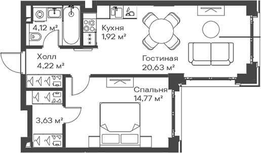 Планировка — Сити Бэй, 2-комн., 49 м²