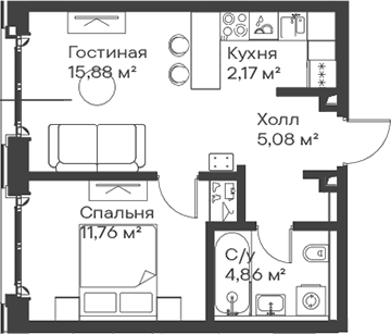 Планировка — Сити Бэй, 2-комн., 40 м²