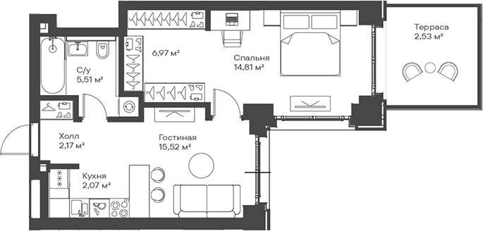 Планировка — Сити Бэй, 2-комн., 47 м²