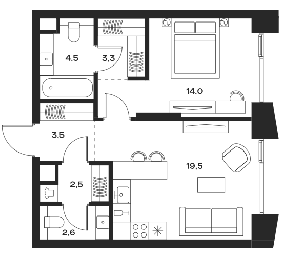 Планировка — Soul, 2-комн., 50 м²