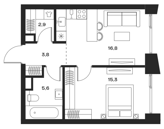 Планировка — Soul, 2-комн., 44 м²