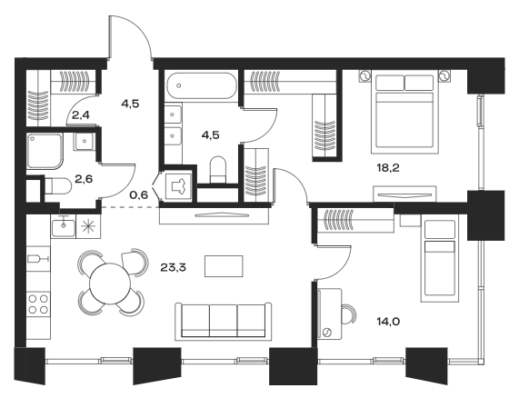 Планировка — Soul, 3-комн., 70 м²