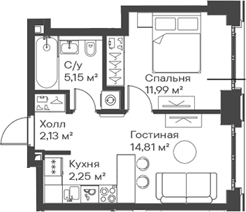 Планировка — Сити Бэй, 2-комн., 36 м²