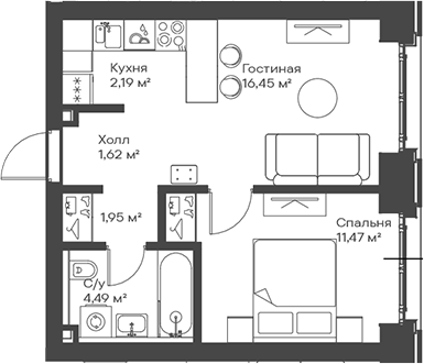 Планировка — Сити Бэй, 2-комн., 38 м²