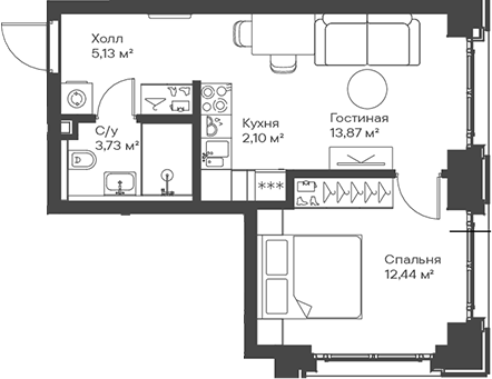 Планировка — Сити Бэй, 2-комн., 37 м²