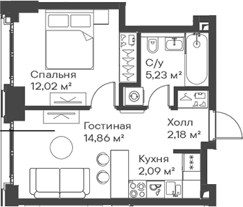Планировка — Сити Бэй, 2-комн., 36 м²