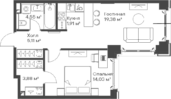 Планировка — Сити Бэй, 2-комн., 49 м²