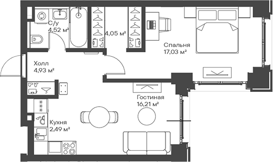 Планировка — Сити Бэй, 2-комн., 49 м²