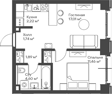 Планировка — Сити Бэй, 2-комн., 39 м²