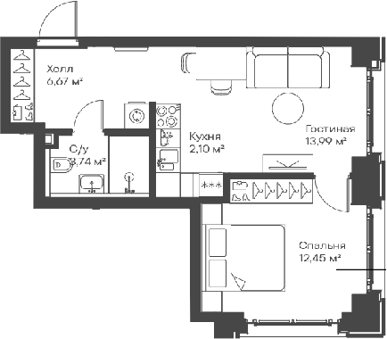 Планировка — Сити Бэй, 2-комн., 39 м²