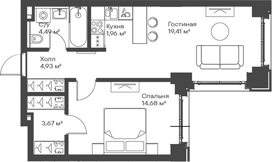 Планировка — Сити Бэй, 2-комн., 49 м²