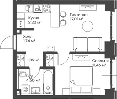 Планировка — Сити Бэй, 2-комн., 39 м²