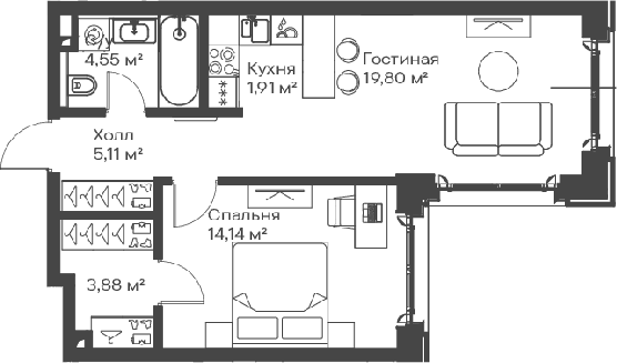 Планировка — Сити Бэй, 2-комн., 49 м²