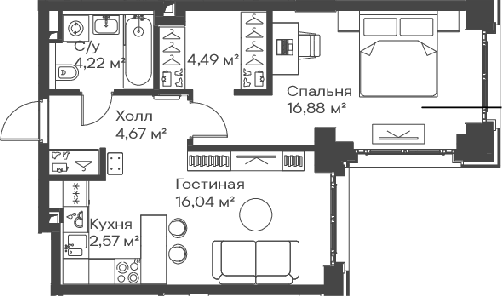 Планировка — Сити Бэй, 2-комн., 48 м²
