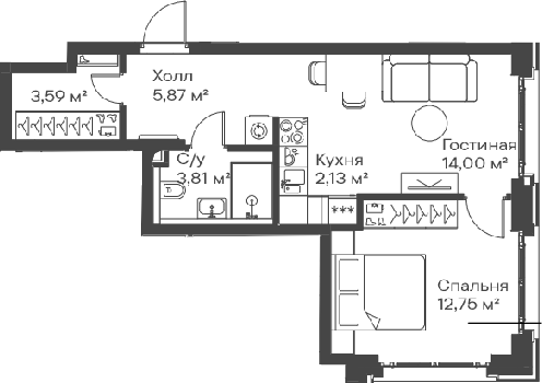 Планировка — Сити Бэй, 2-комн., 42 м²