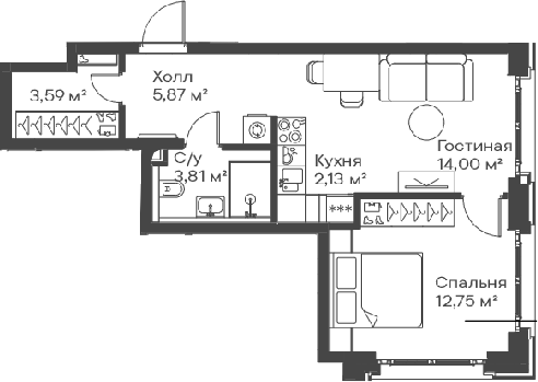 Планировка — Сити Бэй, 2-комн., 42 м²