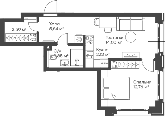 Планировка — Сити Бэй, 2-комн., 42 м²