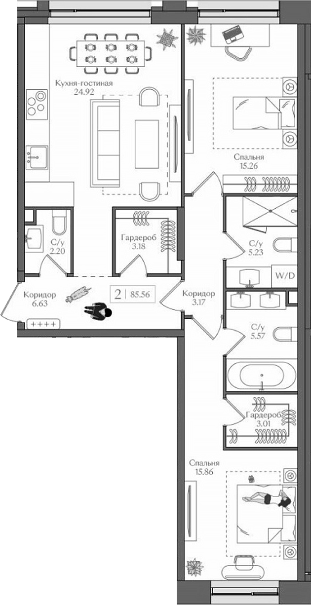 Планировка — Преображенская площадь, 3-комн., 86 м²