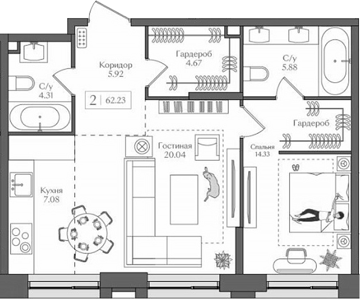 Планировка — Преображенская площадь, 2-комн., 62 м²
