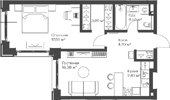 Планировка — Сити Бэй, 2-комн., 50 м²