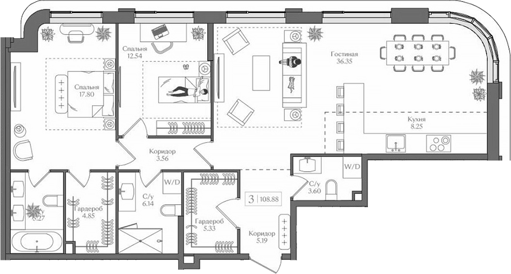 Планировка — Преображенская площадь, 3-комн., 109 м²