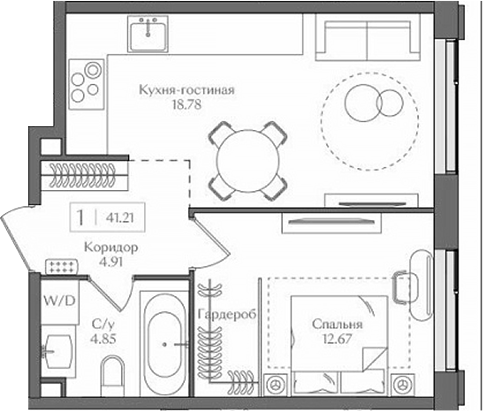 Планировка — Преображенская площадь, 2-комн., 41 м²