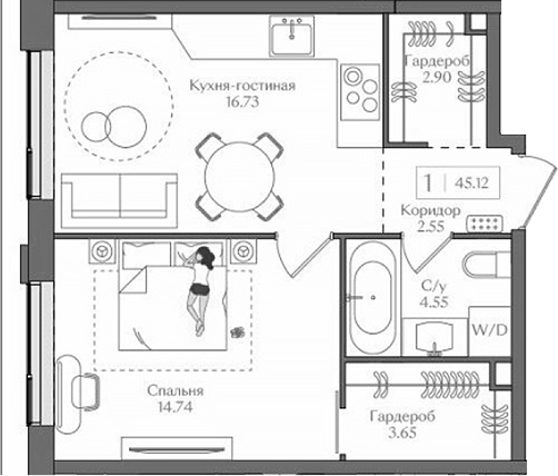 Планировка — Преображенская площадь, 2-комн., 45 м²