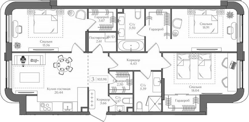 Планировка — Преображенская площадь, 4-комн., 104 м²