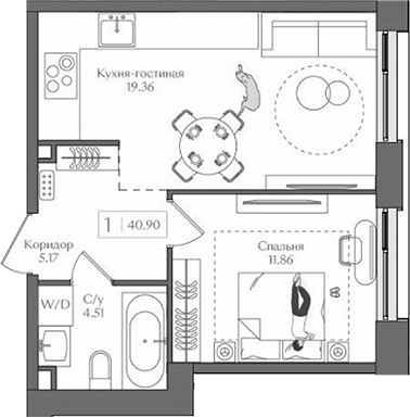 Планировка — Преображенская площадь, 2-комн., 41 м²