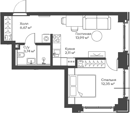 Планировка — Сити Бэй, 2-комн., 39 м²