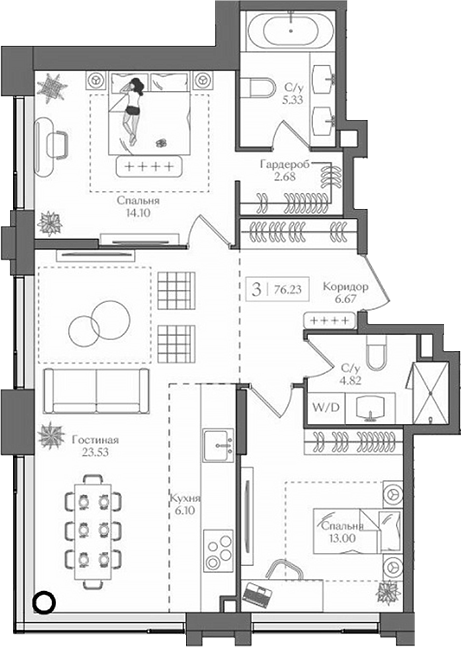 Планировка — Преображенская площадь, 3-комн., 76 м²
