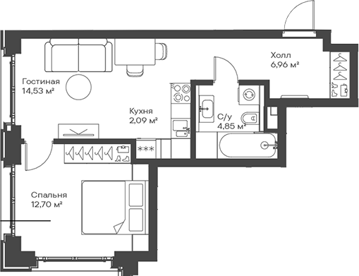 Планировка — Сити Бэй, 2-комн., 41 м²