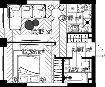 Планировка — Квартал Серебряный бор, 2-комн., 38 м²