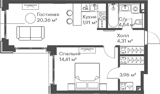 Планировка — Сити Бэй, 2-комн., 49 м²