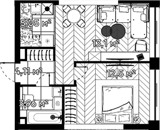 Планировка — Квартал Серебряный бор, 2-комн., 39 м²