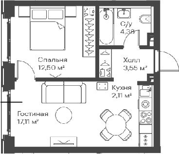 Планировка — Сити Бэй, 2-комн., 40 м²