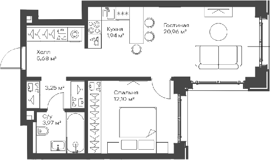 Планировка — Сити Бэй, 2-комн., 48 м²