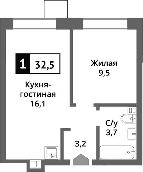 Планировка — Никольский квартал Отрада, 2-комн., 33 м²