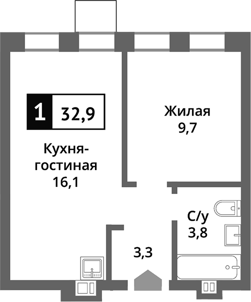 Планировка — Никольский квартал Отрада, 2-комн., 33 м²