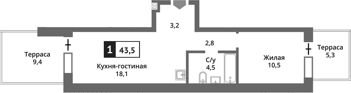 Планировка — Никольский квартал Отрада, 2-комн., 39 м²