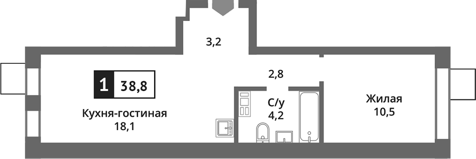 Планировка — Никольский квартал Отрада, 2-комн., 39 м²
