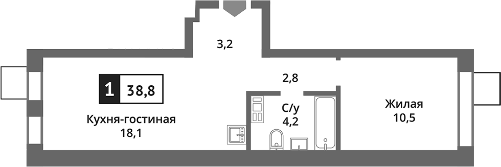 Планировка — Никольский квартал Отрада, 2-комн., 39 м²