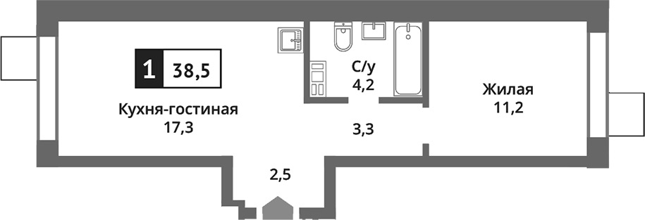Планировка — Никольский квартал Отрада, 2-комн., 39 м²