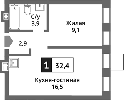 Планировка — Никольский квартал Отрада, 2-комн., 32 м²