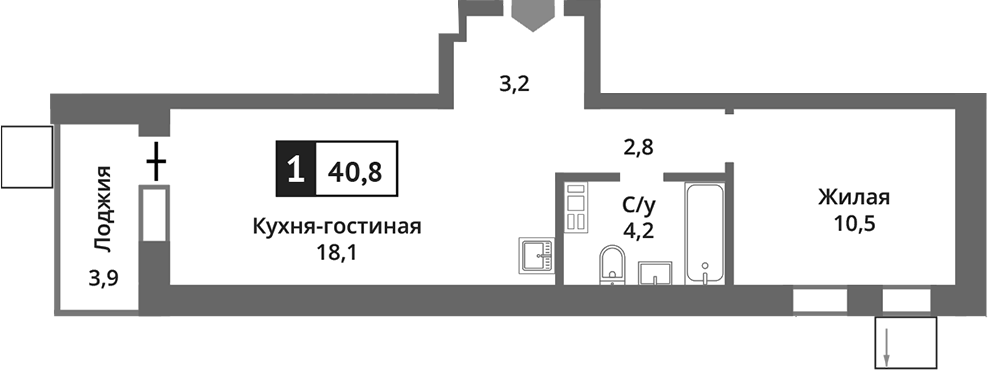 Планировка — Никольский квартал Отрада, 2-комн., 39 м²