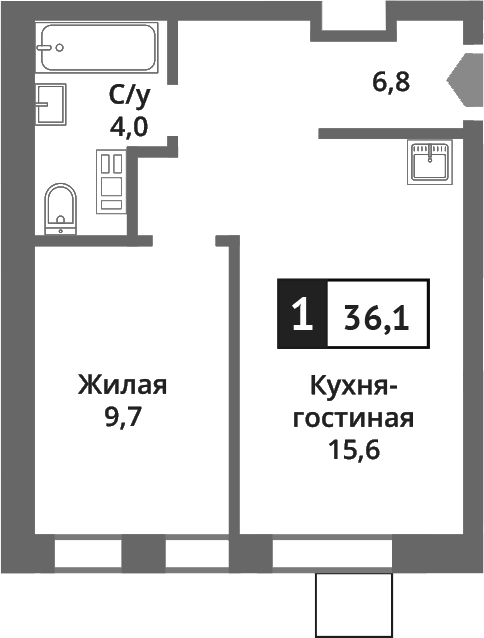 Планировка — Никольский квартал Отрада, 2-комн., 36 м²