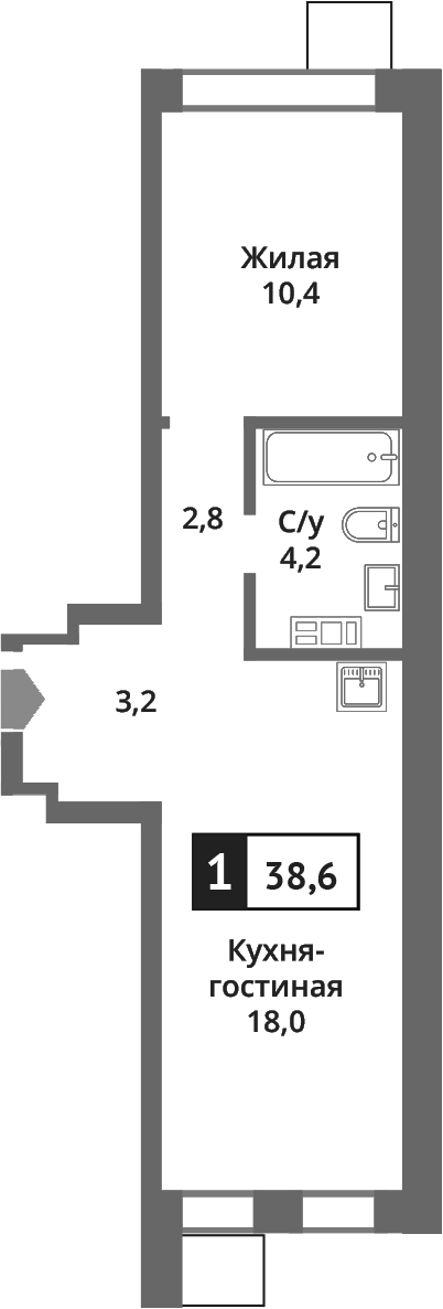 Планировка — Никольский квартал Отрада, 2-комн., 39 м²